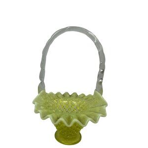 Vintage Fenton Topaz Vaseline Hobnail Ruffled Basket Glass Uranium Handle Glow